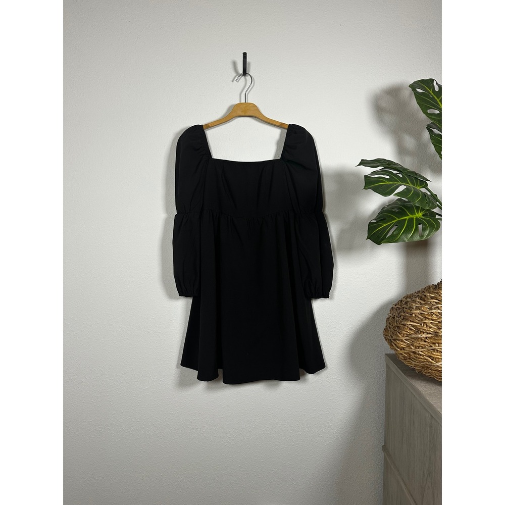 Black Puff Sleeve Square Neck Mini Dress Smocked Bodice Size XS